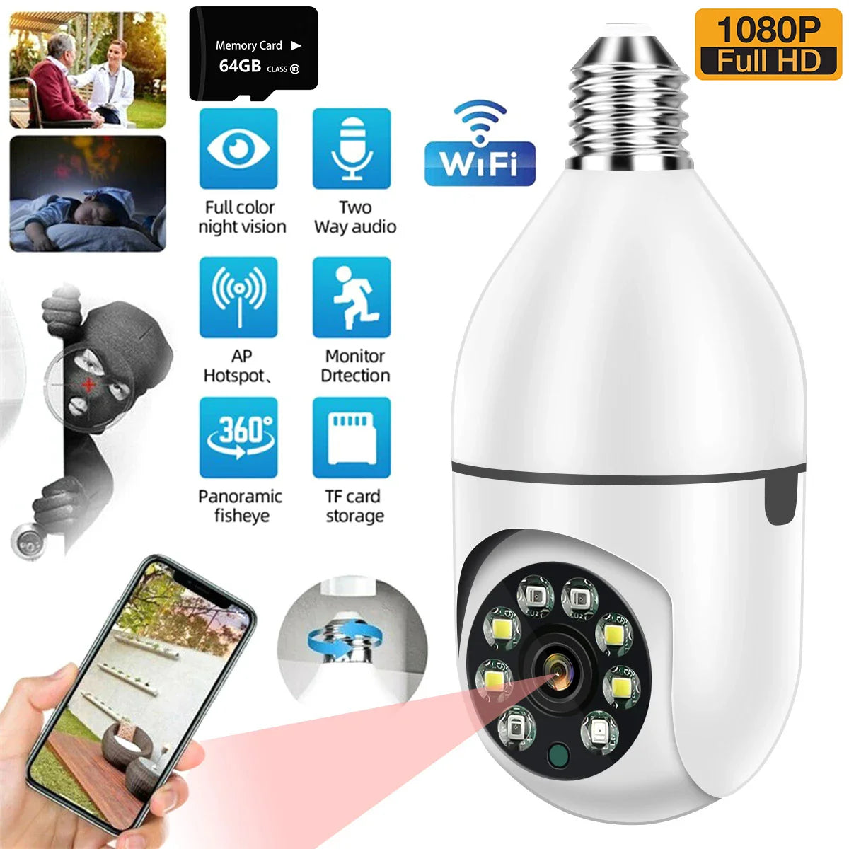 360° WiFi Bulb Camera – Full-HD 1080P Night Vision & Motion Sensor